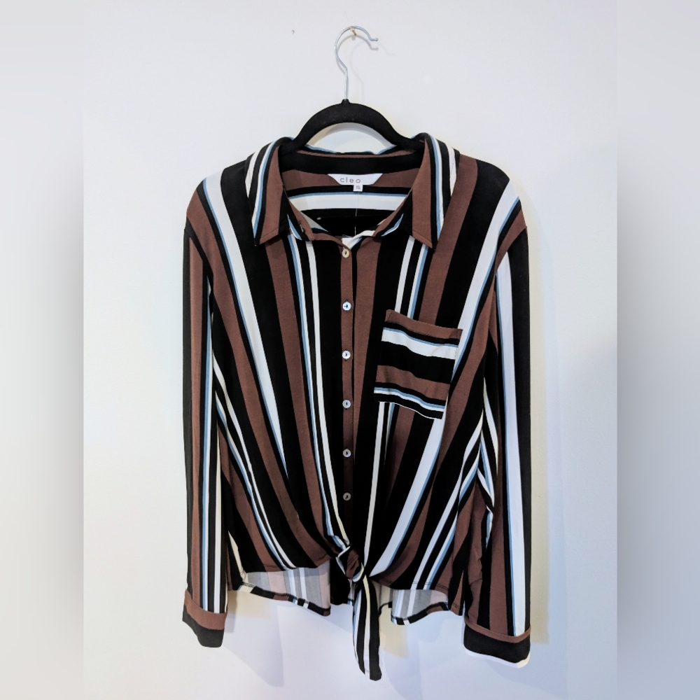 Cleo XXL Striped Tie Front Blouse NWT  Neutral Brown Black Button Up Office Chic